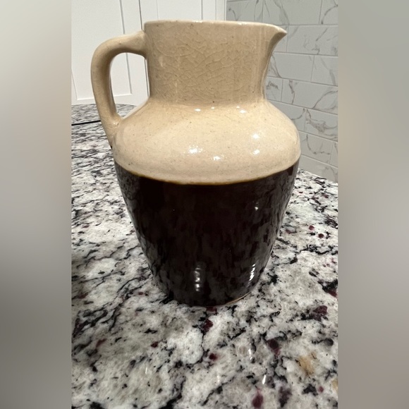 COPY - Two Antique Stoneware Cream/Brown Crock Rustic Farmhouse Milk Pitcher 6” - Picture 4 of 11
